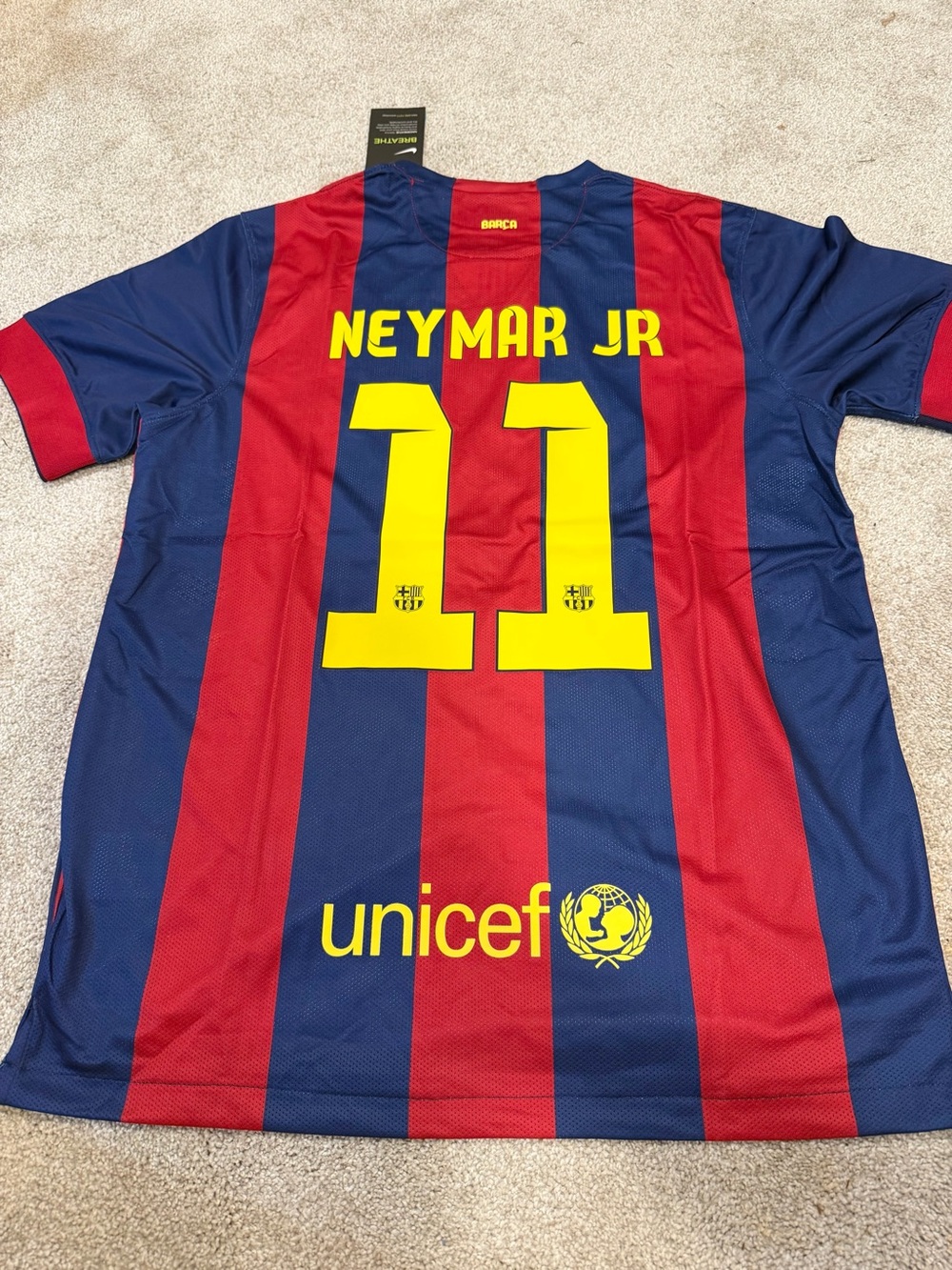 Nike men’s Barcelona 2014 home Neymar JR #11 slim fit soccer jersey (size up)